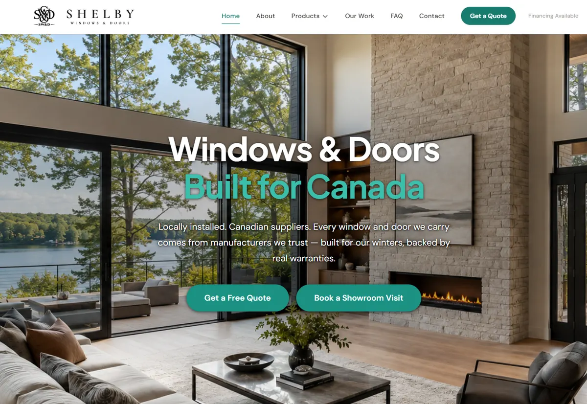 Shelby Windows & Doors home page: a bright living room with floor-to-ceiling windows and the headline Windows & Doors Built for Canada