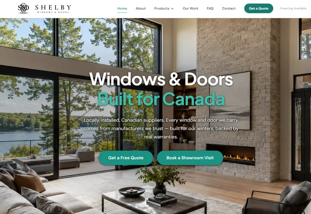 Shelby Windows & Doors home page: a bright living room with floor-to-ceiling windows and the headline Windows & Doors Built for Canada