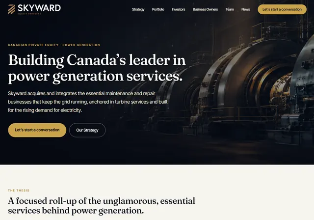 Skyward Equity Partners home page with the headline Building Canada's leader in power generation services over a dark photo of turbines